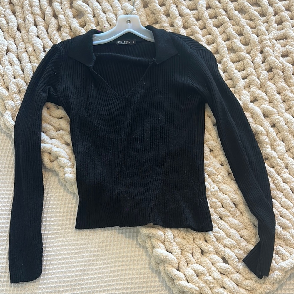 Nasty Gal Black Ribbed Long Sleeve Top